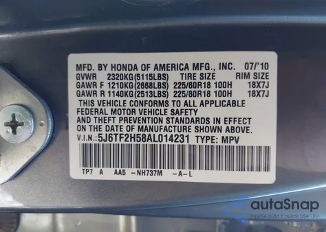 2010 Honda Accord Crosstour Ex-L from USA, damaged, VIN 5J6TF2H58AL014231